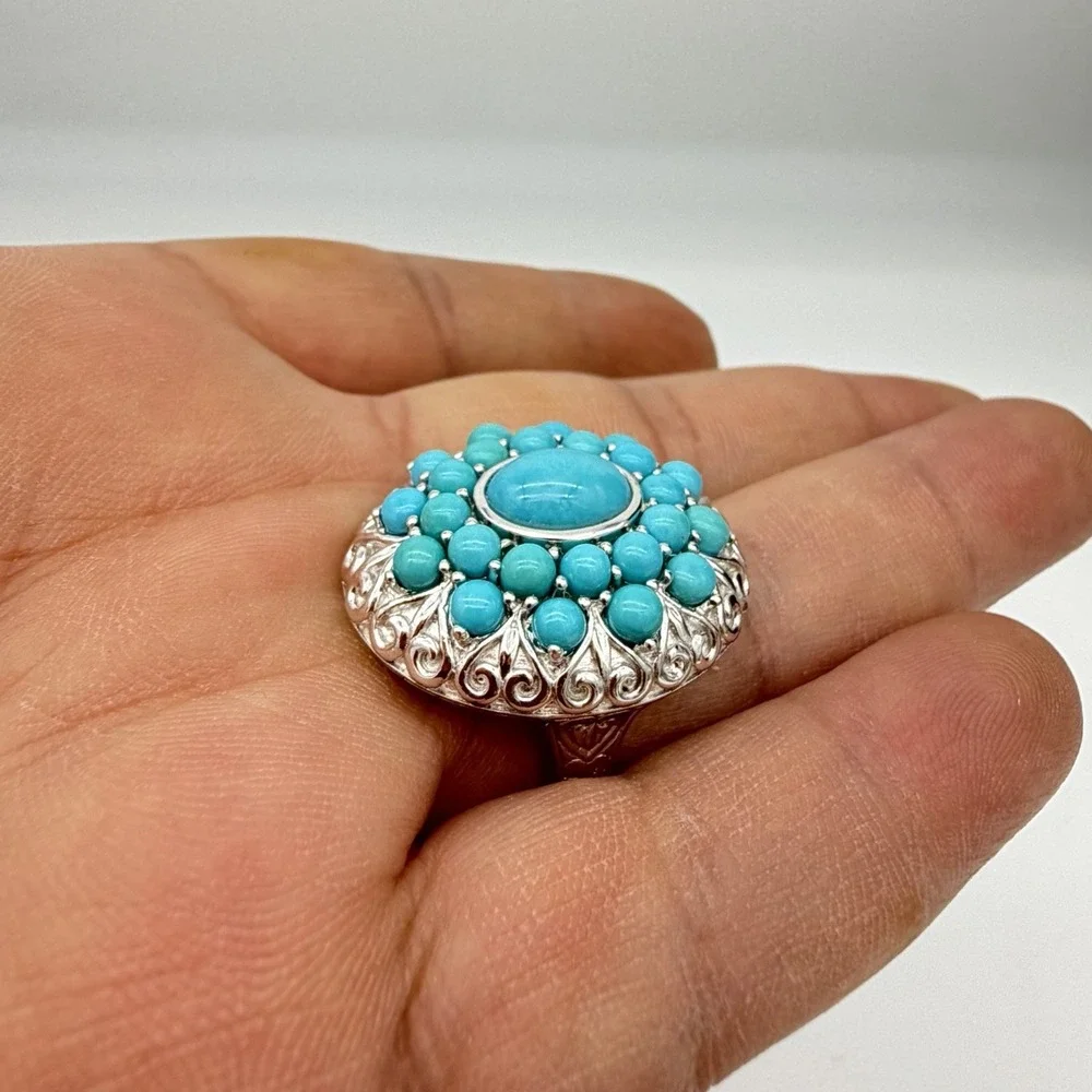 Vtg Sterling Silver Turquoise Cluster Ring QVC Affinity Statement Heavy Sz7